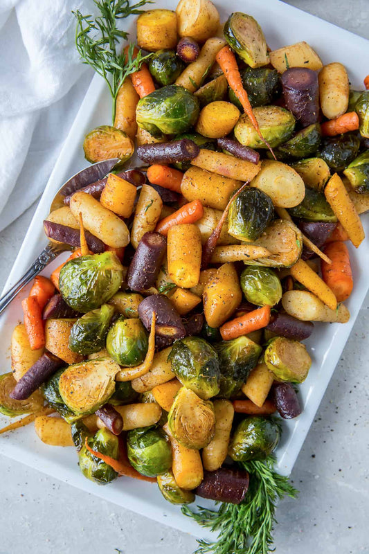 Honey Balsamic Brussel Sprouts and Tricolored Carrots